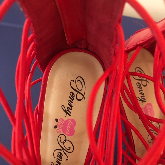 Red stretchy strappy sandals with multi stones - Picture 3 of 5